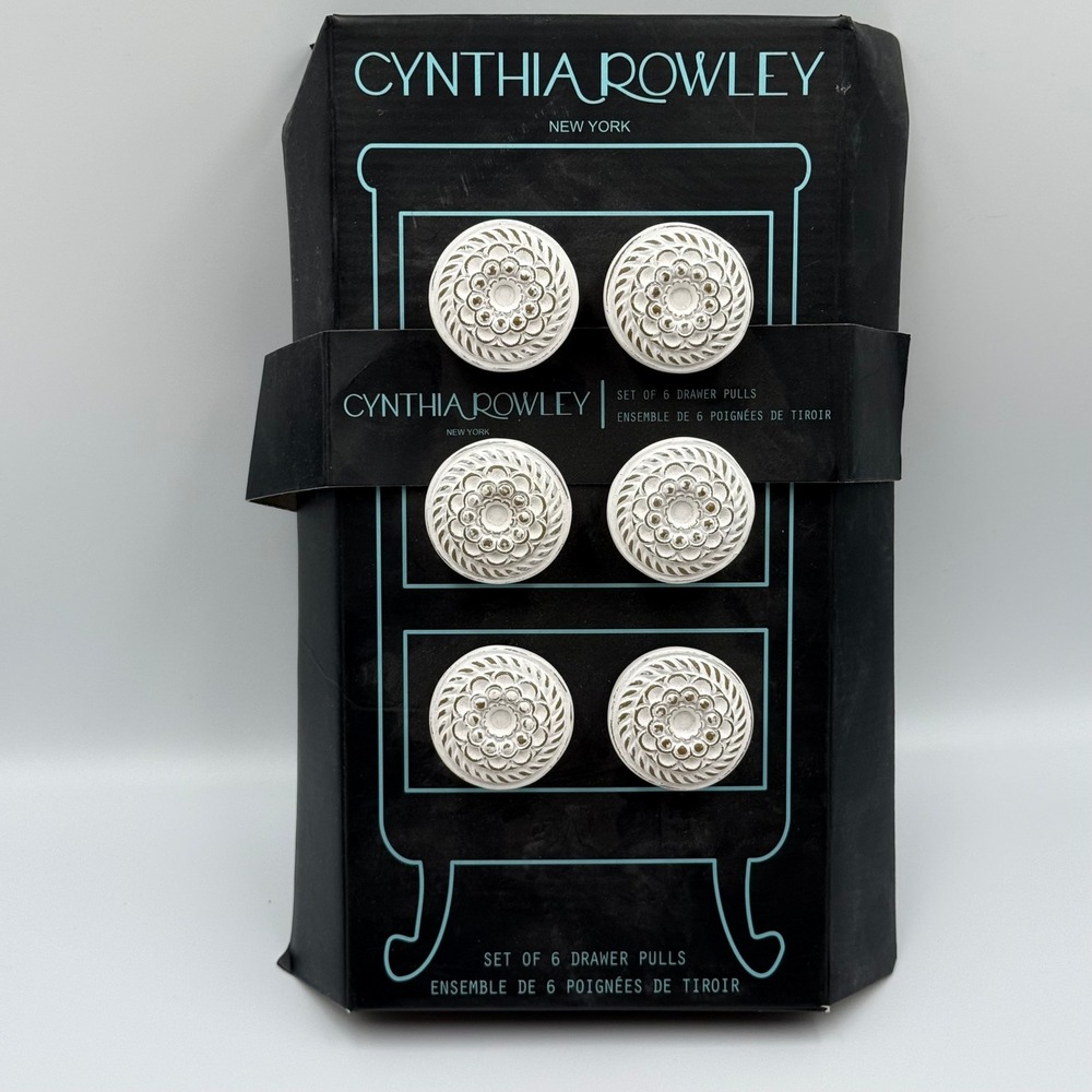 Cynthia Rowley Set of 6 White Gold Floral Ceramic Drawer Pulls Cabinet Knobs‎ 2"